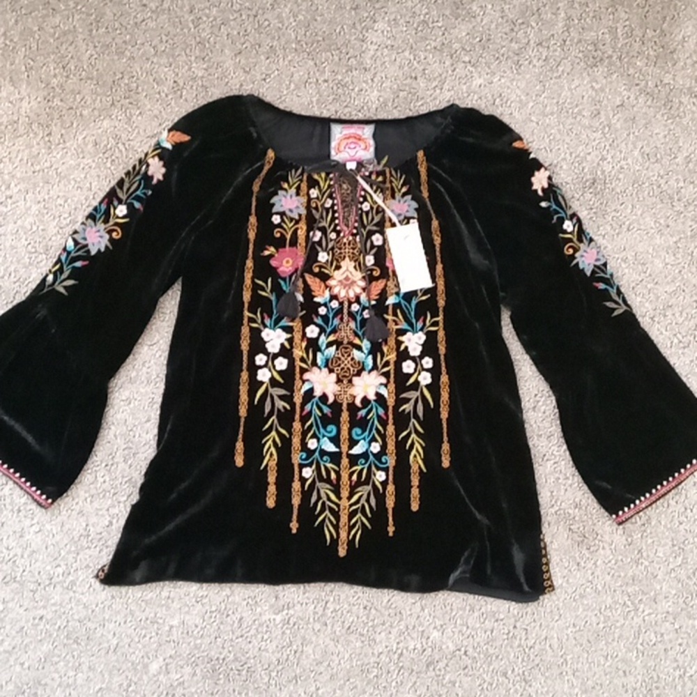 Johnny Was Esther Velvet Flare Sleeve  Peasant Blouse
